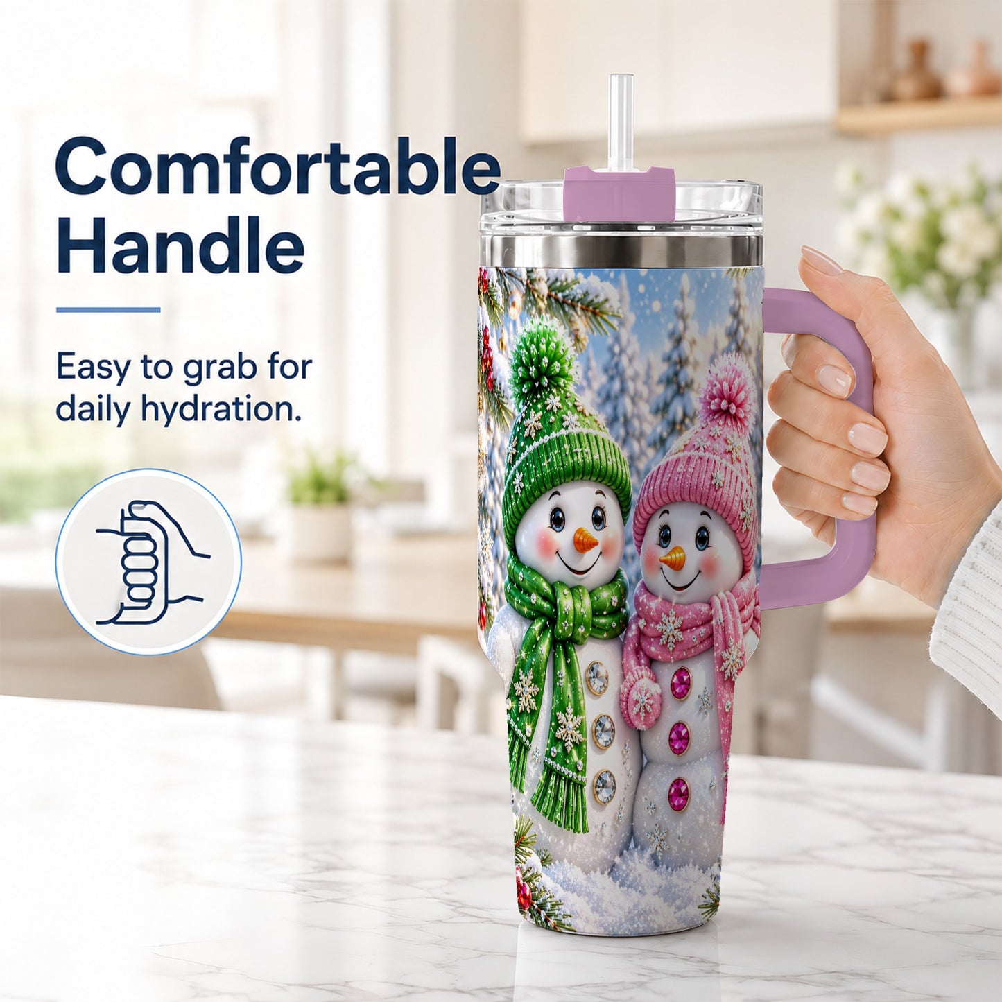 #pl[40oz|Pink] Snowman Couple 40oz Tumbler with Handle, Winter Stainless Steel Cup