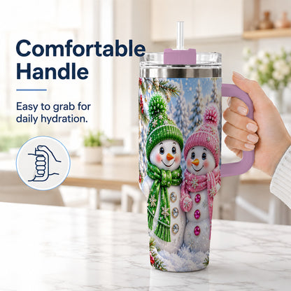#pl[40oz|Pink] Snowman Couple 40oz Tumbler with Handle, Winter Stainless Steel Cup
