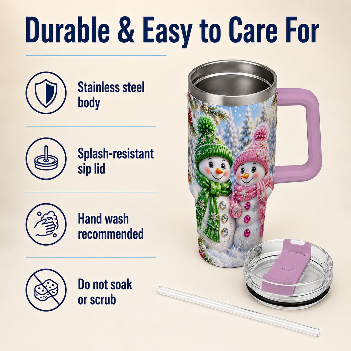 #pl[40oz|Pink] Snowman Couple 40oz Tumbler with Handle, Winter Stainless Steel Cup