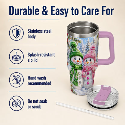 #pl[40oz|Pink] Snowman Couple 40oz Tumbler with Handle, Winter Stainless Steel Cup