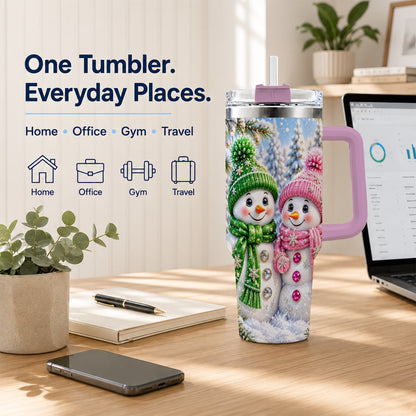 #pl[40oz|Pink] Snowman Couple 40oz Tumbler with Handle, Winter Stainless Steel Cup