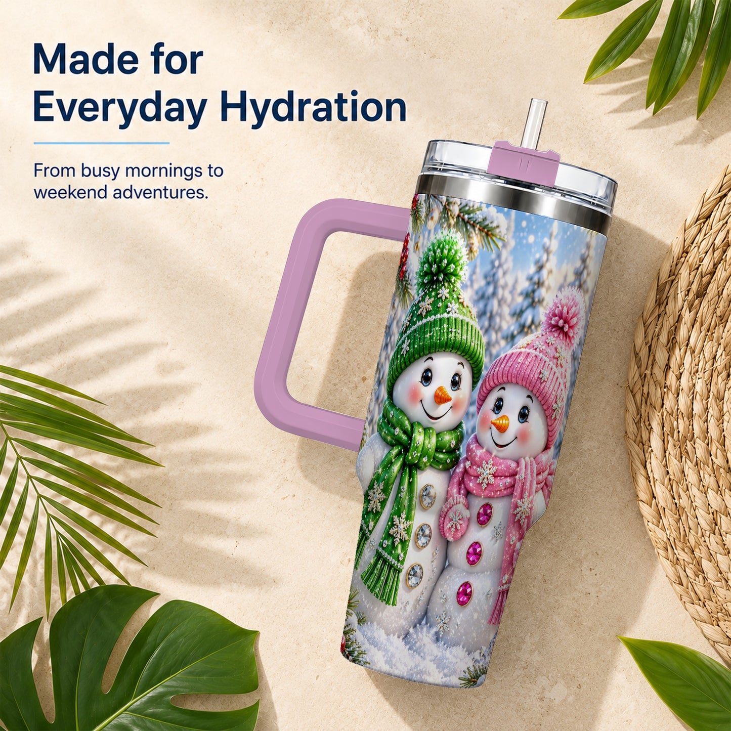 #pl[40oz|Pink] Snowman Couple 40oz Tumbler with Handle, Winter Stainless Steel Cup