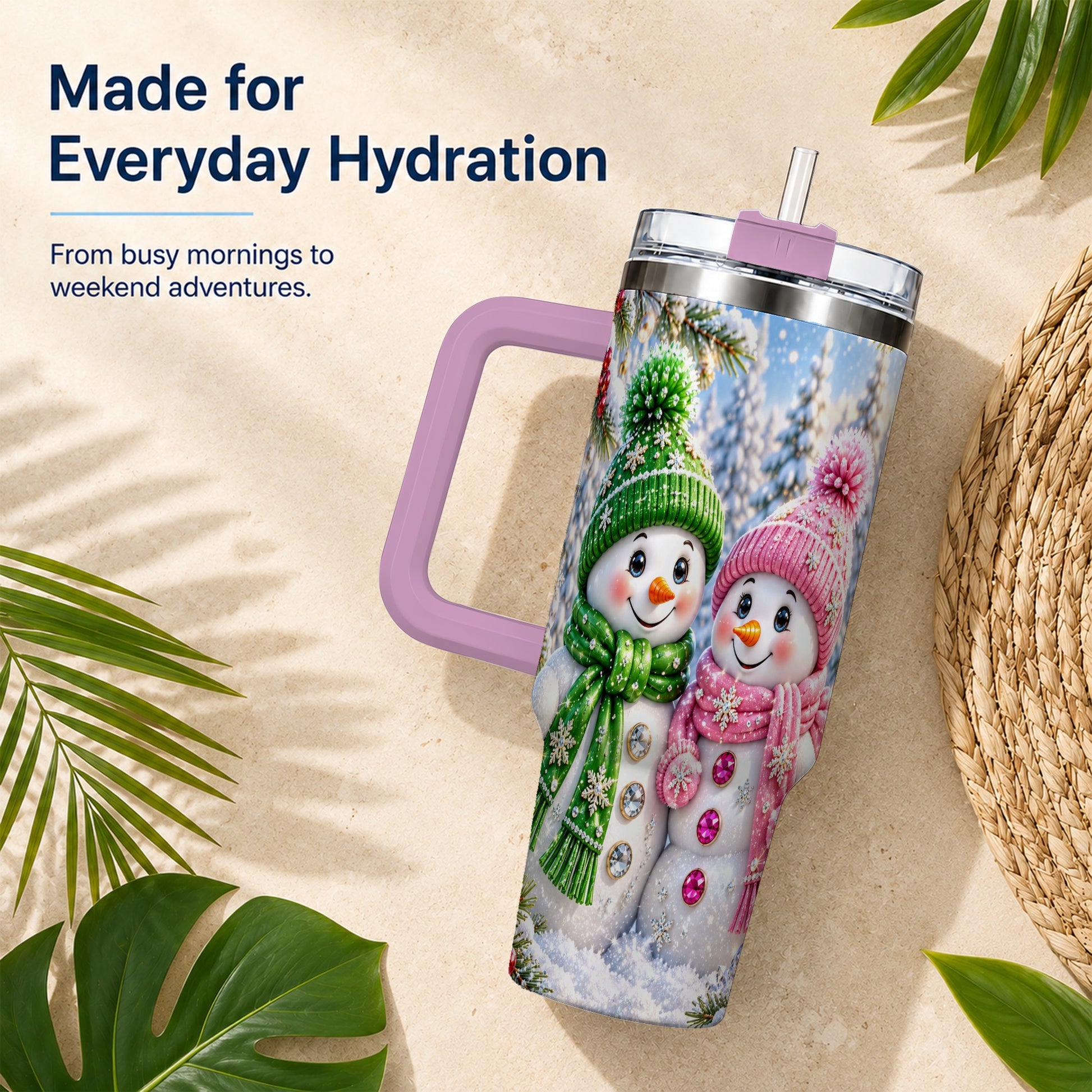 #pl[40oz|Pink] Snowman Couple 40oz Tumbler with Handle, Winter Stainless Steel Cup