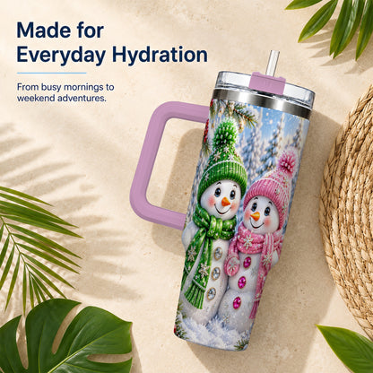 #pl[40oz|Pink] Snowman Couple 40oz Tumbler with Handle, Winter Stainless Steel Cup