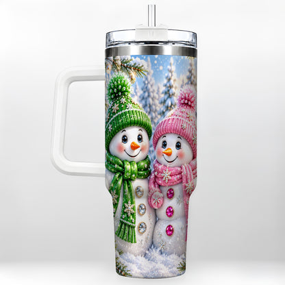 Snowman Couple 40oz Tumbler with Handle, Winter Stainless Steel Cup
