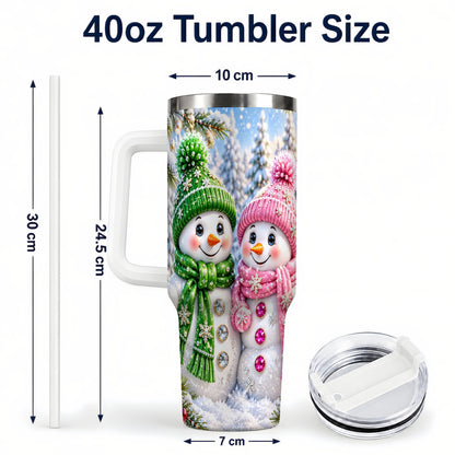 #pl[40oz|White] Snowman Couple 40oz Tumbler with Handle, Winter Stainless Steel Cup