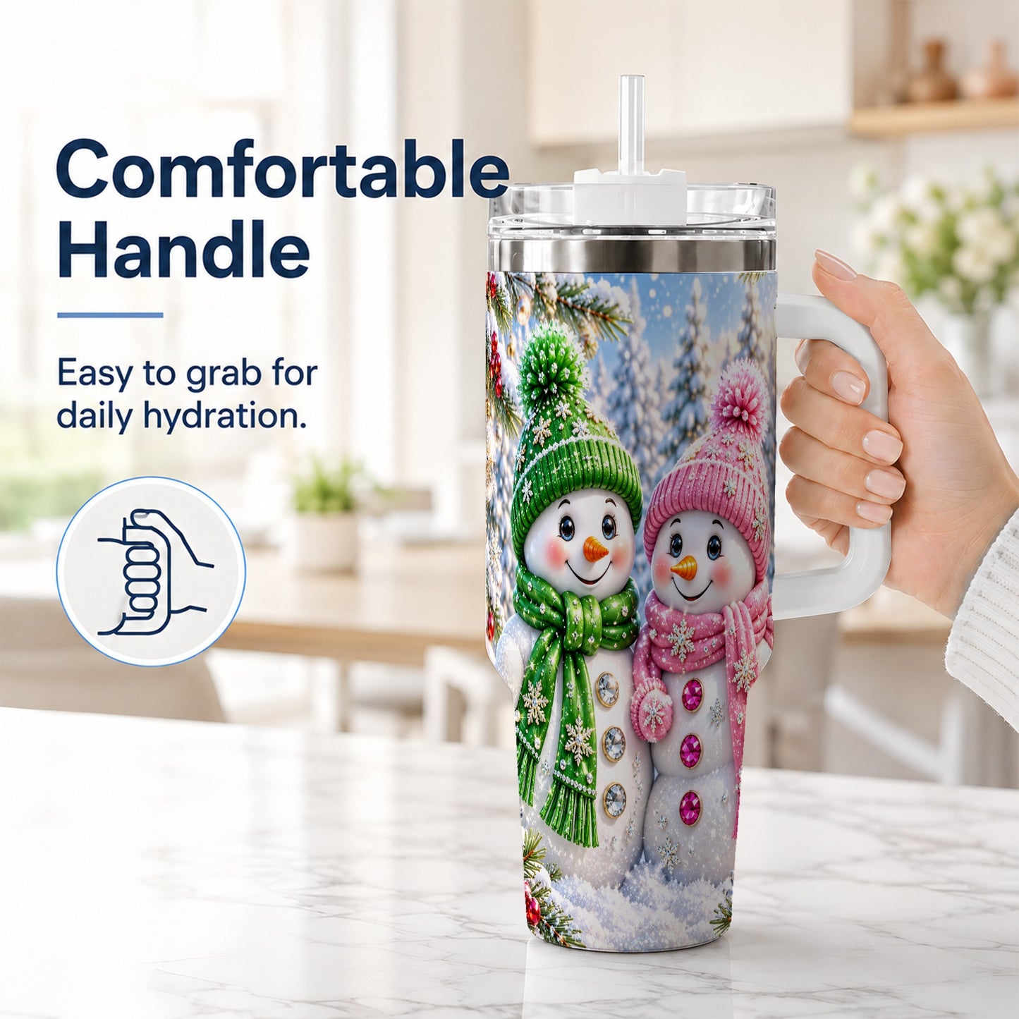 #pl[40oz|White] Snowman Couple 40oz Tumbler with Handle, Winter Stainless Steel Cup
