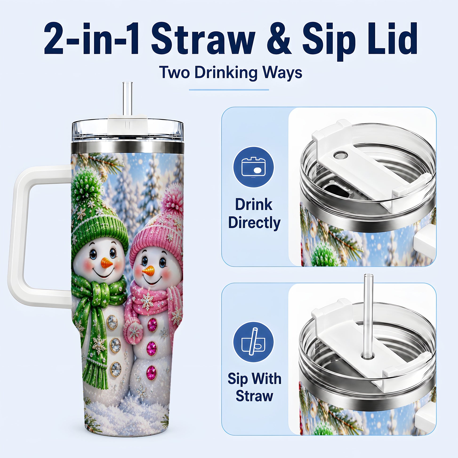 #pl[40oz|White] Snowman Couple 40oz Tumbler with Handle, Winter Stainless Steel Cup