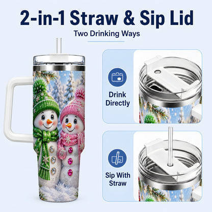 #pl[40oz|White] Snowman Couple 40oz Tumbler with Handle, Winter Stainless Steel Cup