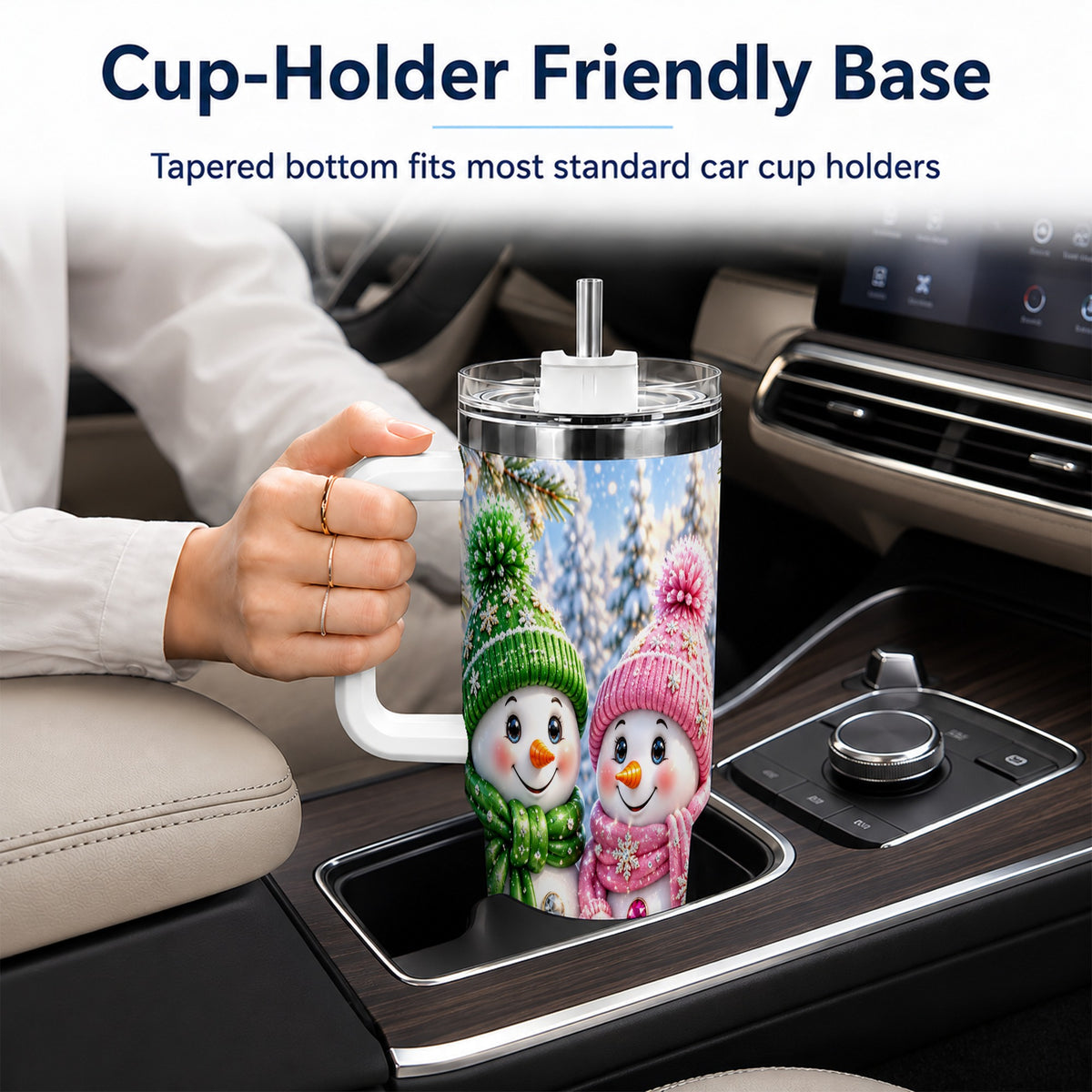 #pl[40oz|White] Snowman Couple 40oz Tumbler with Handle, Winter Stainless Steel Cup