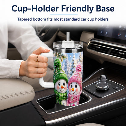 #pl[40oz|White] Snowman Couple 40oz Tumbler with Handle, Winter Stainless Steel Cup