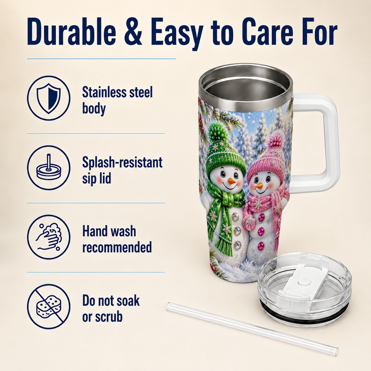 #pl[40oz|White] Snowman Couple 40oz Tumbler with Handle, Winter Stainless Steel Cup