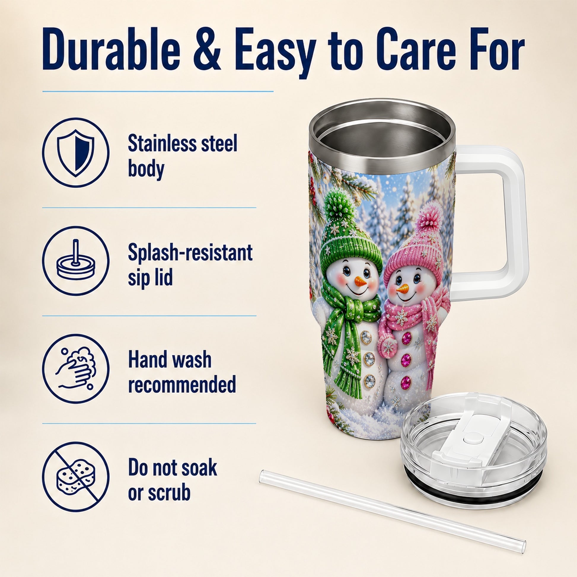 #pl[40oz|White] Snowman Couple 40oz Tumbler with Handle, Winter Stainless Steel Cup