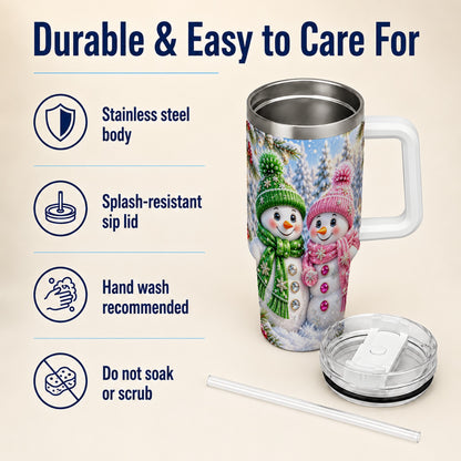 #pl[40oz|White] Snowman Couple 40oz Tumbler with Handle, Winter Stainless Steel Cup