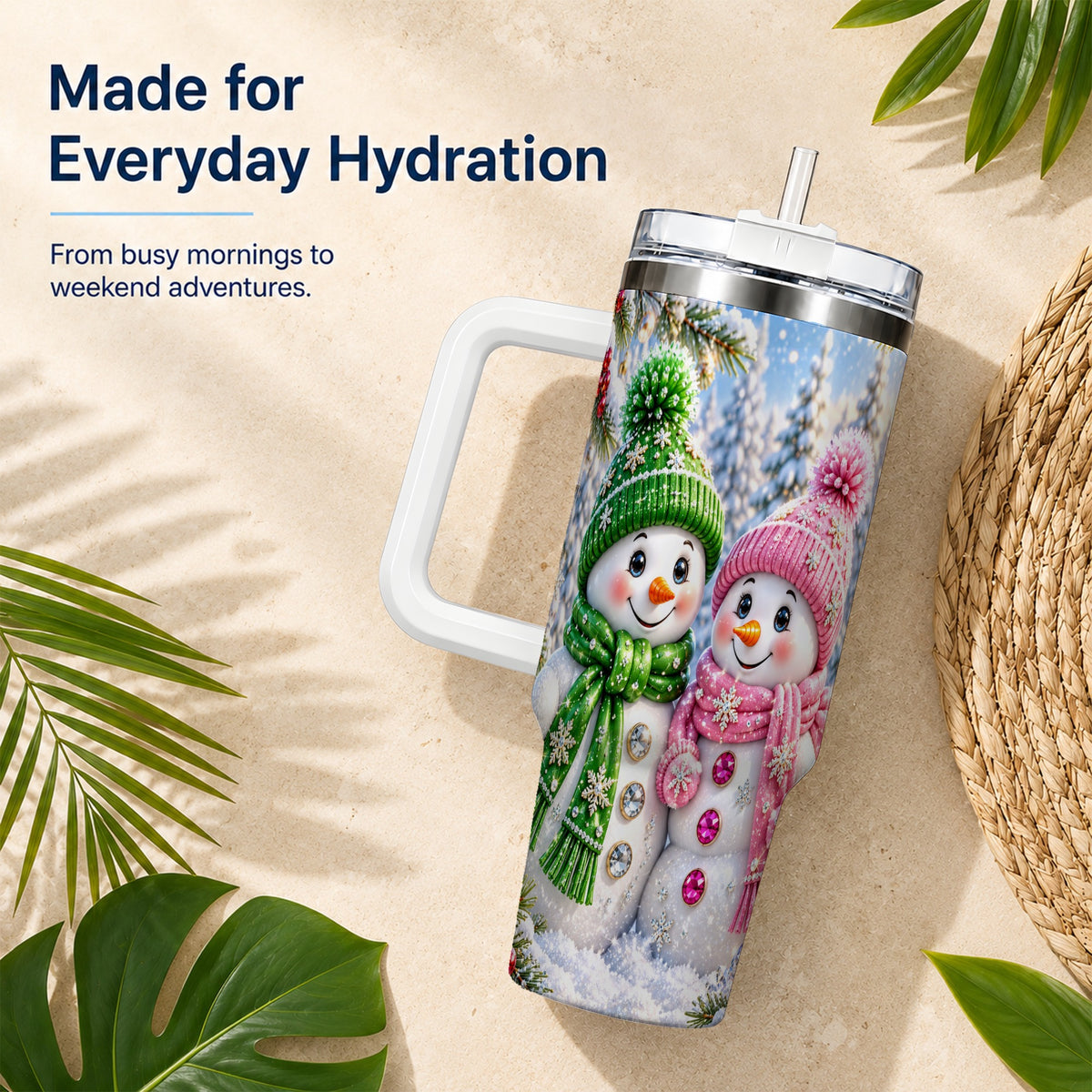#pl[40oz|White] Snowman Couple 40oz Tumbler with Handle, Winter Stainless Steel Cup