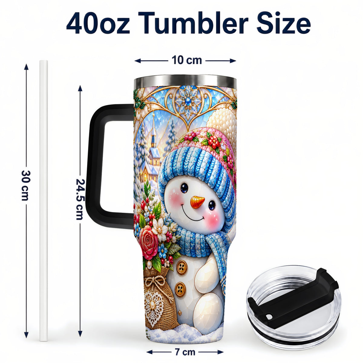#pl[40oz|Black] Floral Snowman 40oz Tumbler with Handle, Winter Stainless Steel Cup