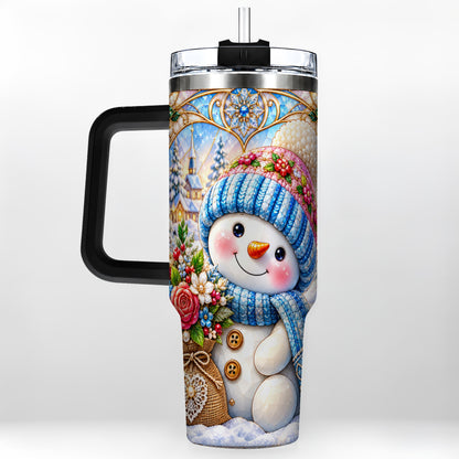 #pl[40oz|Black] Floral Snowman 40oz Tumbler with Handle, Winter Stainless Steel Cup