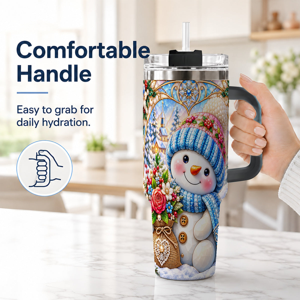 #pl[40oz|Black] Floral Snowman 40oz Tumbler with Handle, Winter Stainless Steel Cup