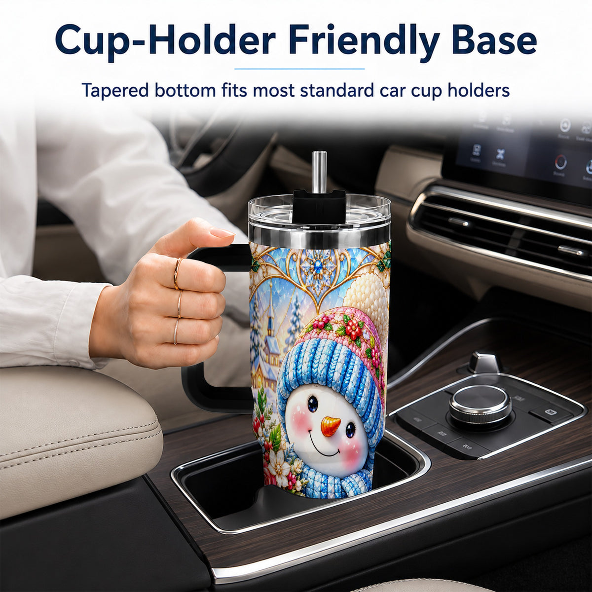 #pl[40oz|Black] Floral Snowman 40oz Tumbler with Handle, Winter Stainless Steel Cup