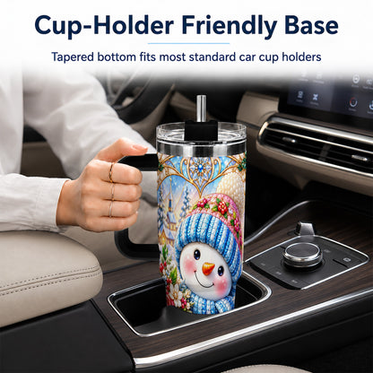 #pl[40oz|Black] Floral Snowman 40oz Tumbler with Handle, Winter Stainless Steel Cup