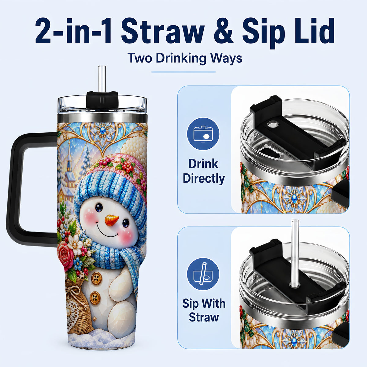 #pl[40oz|Black] Floral Snowman 40oz Tumbler with Handle, Winter Stainless Steel Cup