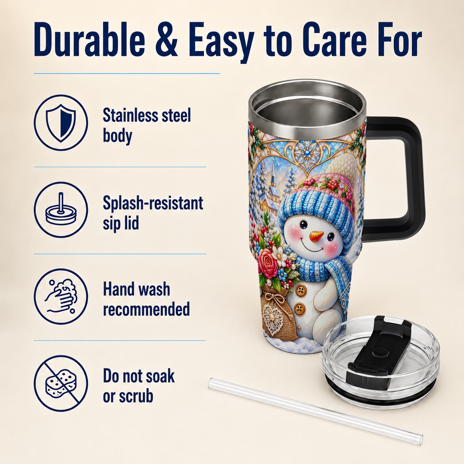 #pl[40oz|Black] Floral Snowman 40oz Tumbler with Handle, Winter Stainless Steel Cup