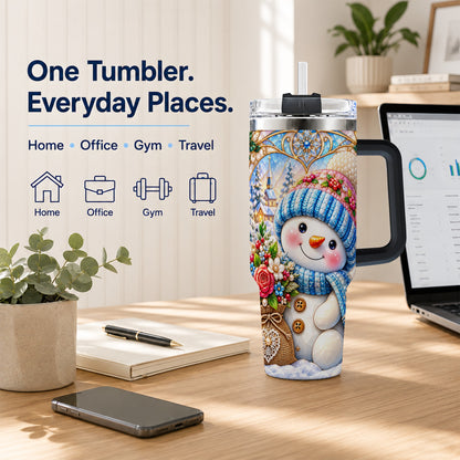 #pl[40oz|Black] Floral Snowman 40oz Tumbler with Handle, Winter Stainless Steel Cup