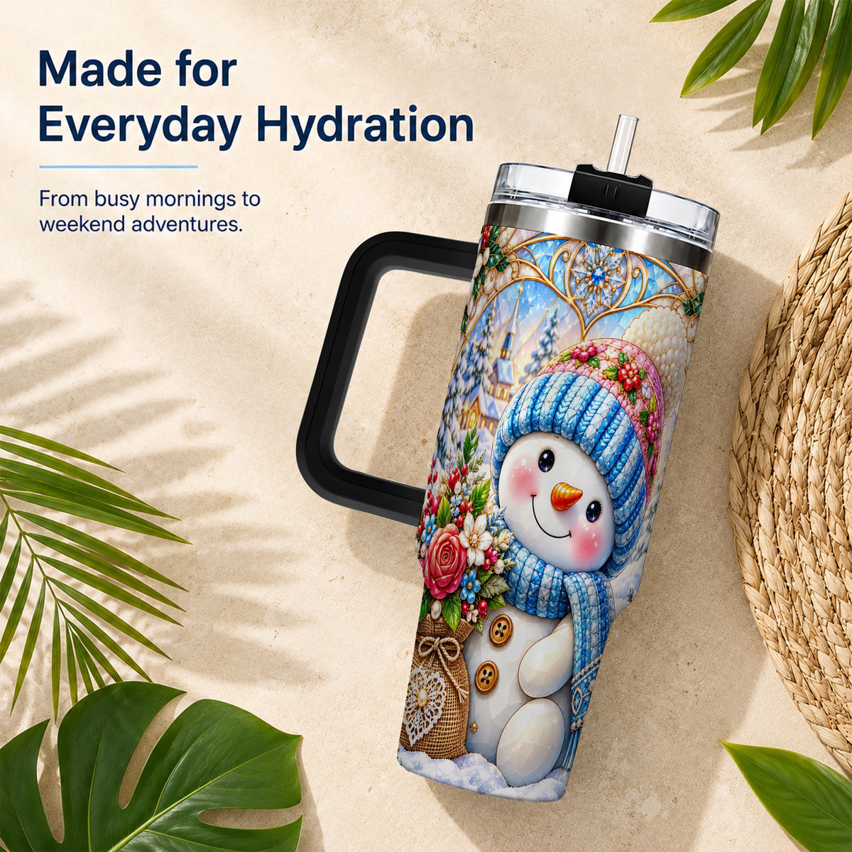 #pl[40oz|Black] Floral Snowman 40oz Tumbler with Handle, Winter Stainless Steel Cup