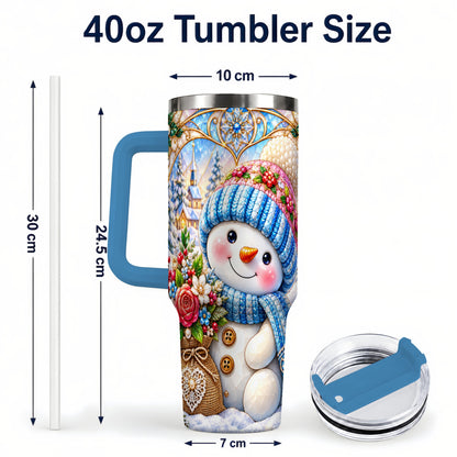 #pl[40oz|Blue] Floral Snowman 40oz Tumbler with Handle, Winter Stainless Steel Cup