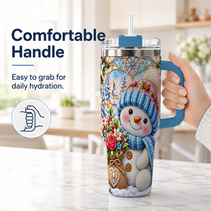 #pl[40oz|Blue] Floral Snowman 40oz Tumbler with Handle, Winter Stainless Steel Cup