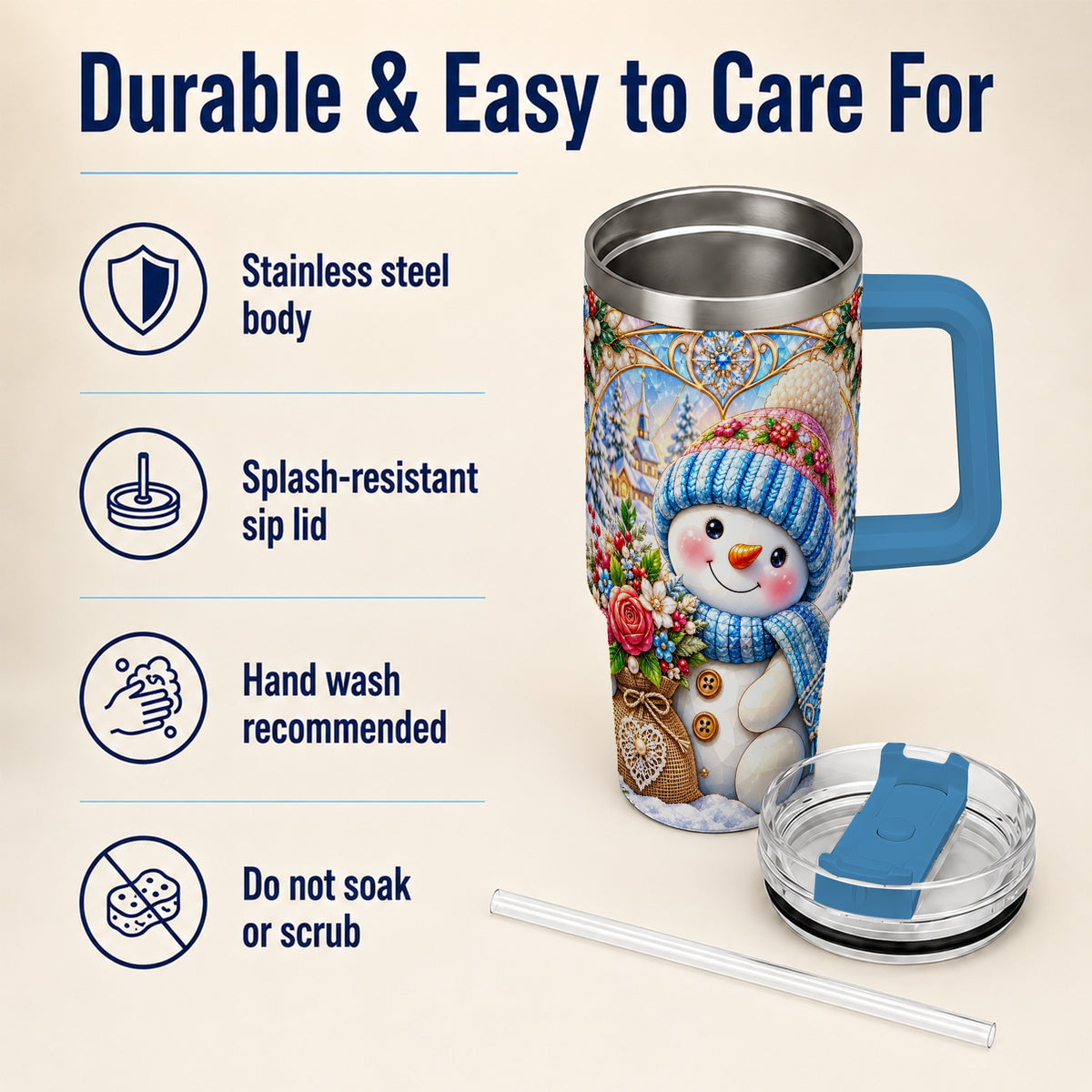 #pl[40oz|Blue] Floral Snowman 40oz Tumbler with Handle, Winter Stainless Steel Cup