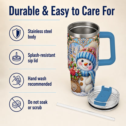 #pl[40oz|Blue] Floral Snowman 40oz Tumbler with Handle, Winter Stainless Steel Cup