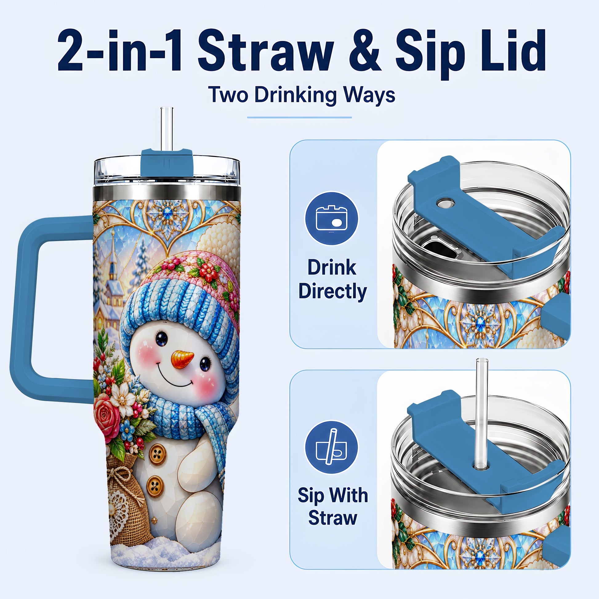 #pl[40oz|Blue] Floral Snowman 40oz Tumbler with Handle, Winter Stainless Steel Cup