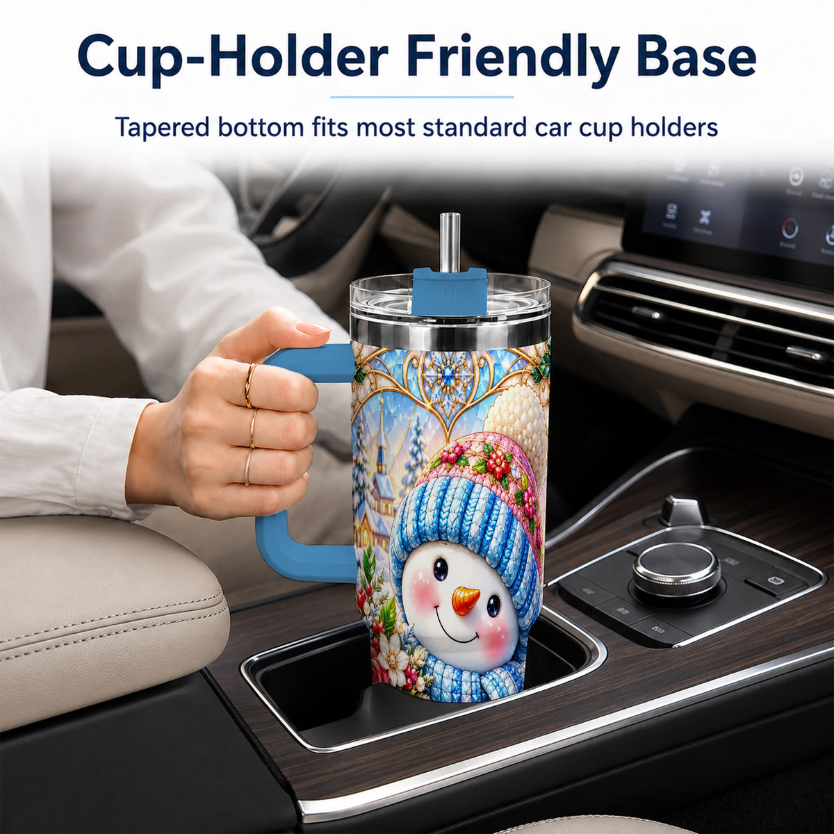 #pl[40oz|Blue] Floral Snowman 40oz Tumbler with Handle, Winter Stainless Steel Cup