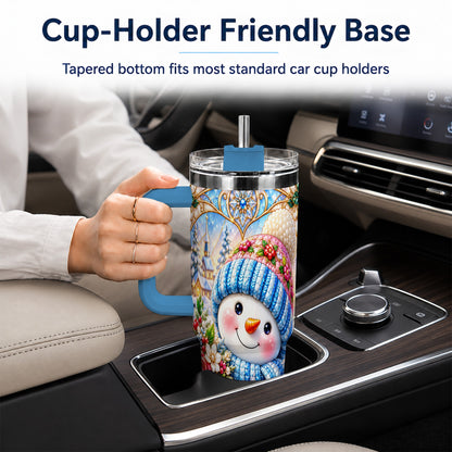 #pl[40oz|Blue] Floral Snowman 40oz Tumbler with Handle, Winter Stainless Steel Cup