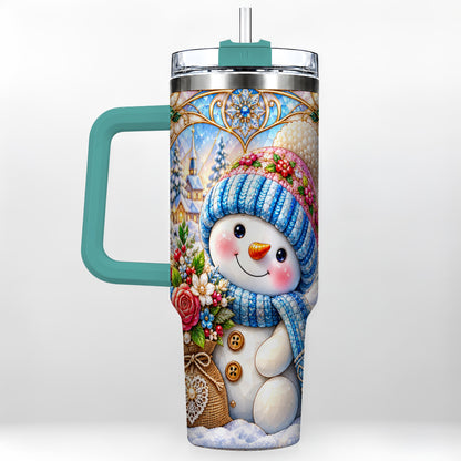 #pl[40oz|Green] Floral Snowman 40oz Tumbler with Handle, Winter Stainless Steel Cup