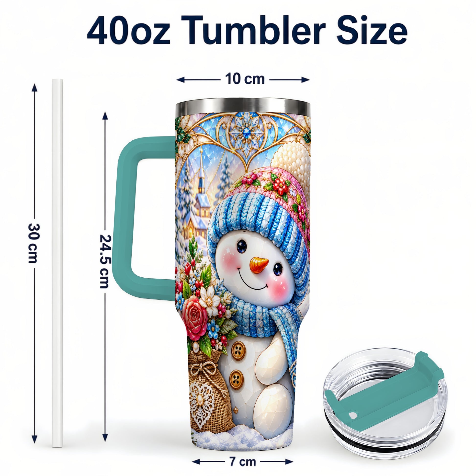 #pl[40oz|Green] Floral Snowman 40oz Tumbler with Handle, Winter Stainless Steel Cup