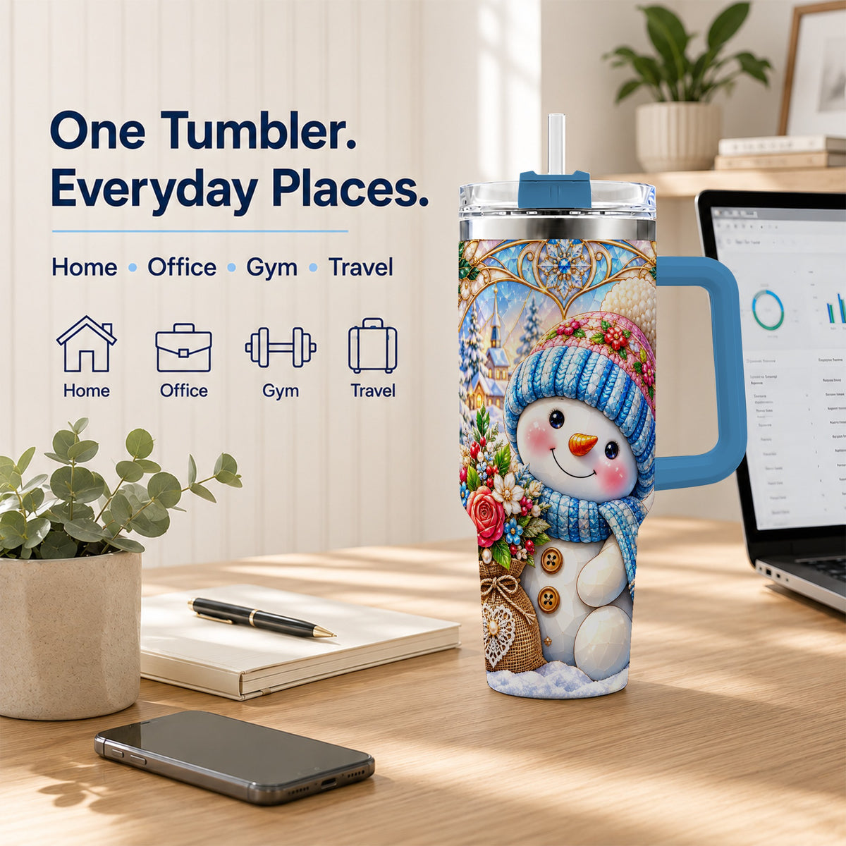 #pl[40oz|Blue] Floral Snowman 40oz Tumbler with Handle, Winter Stainless Steel Cup