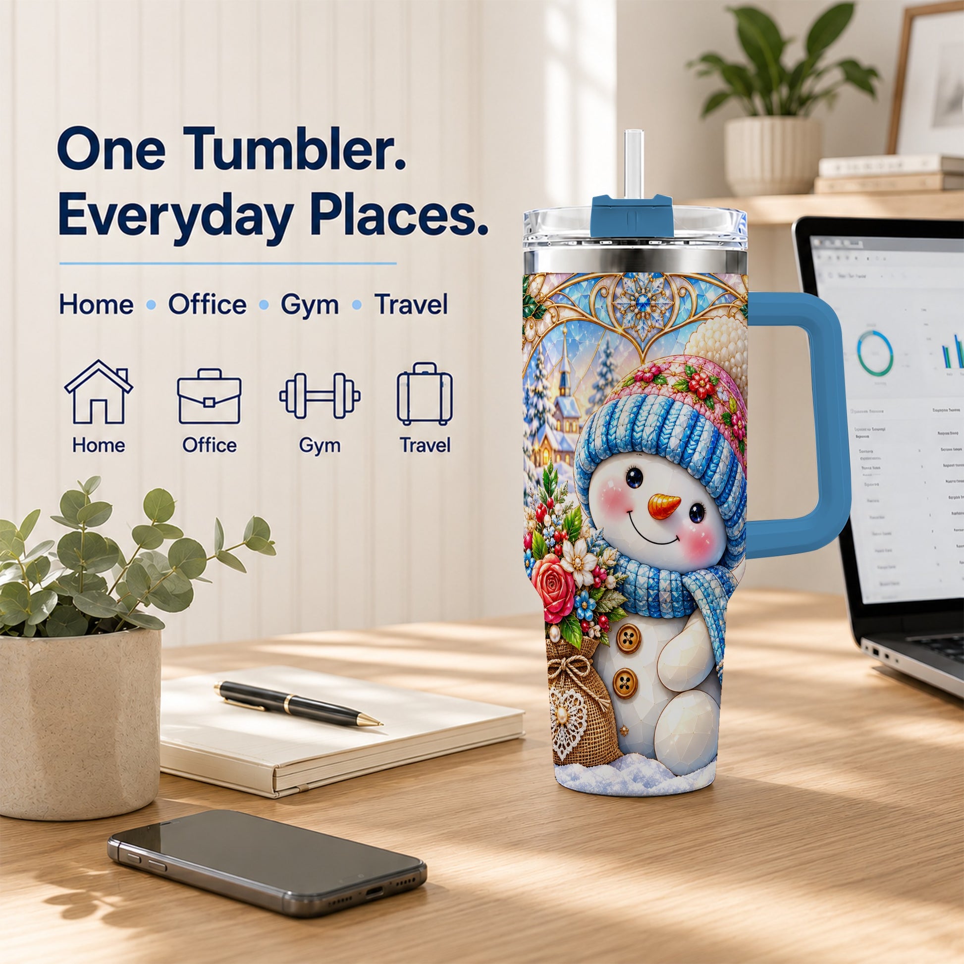 #pl[40oz|Blue] Floral Snowman 40oz Tumbler with Handle, Winter Stainless Steel Cup