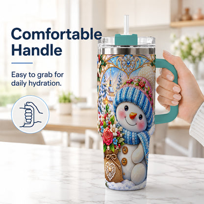 #pl[40oz|Green] Floral Snowman 40oz Tumbler with Handle, Winter Stainless Steel Cup