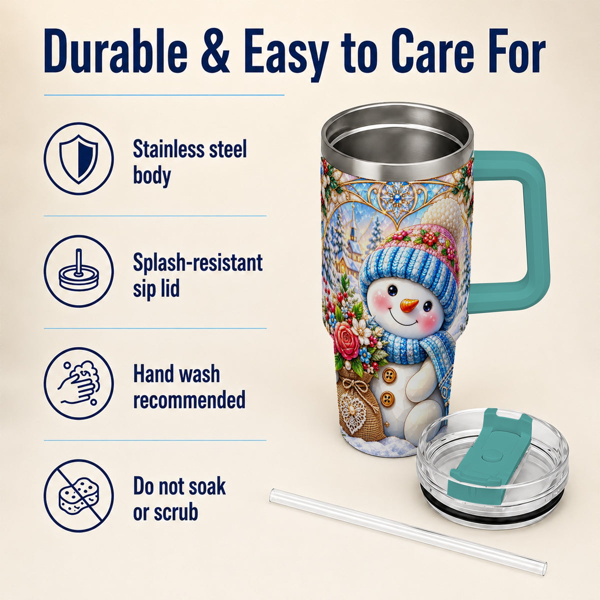 #pl[40oz|Green] Floral Snowman 40oz Tumbler with Handle, Winter Stainless Steel Cup