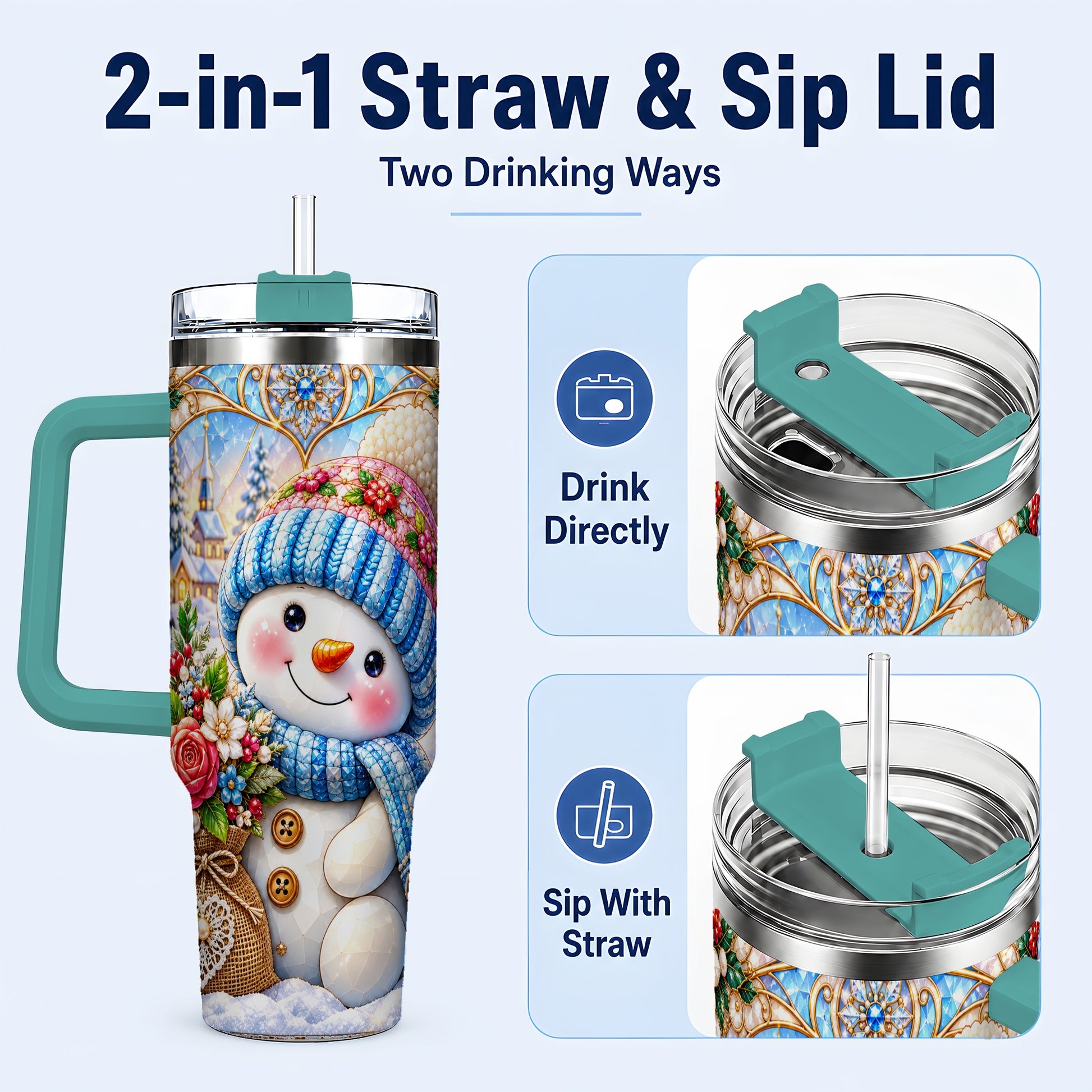 #pl[40oz|Green] Floral Snowman 40oz Tumbler with Handle, Winter Stainless Steel Cup