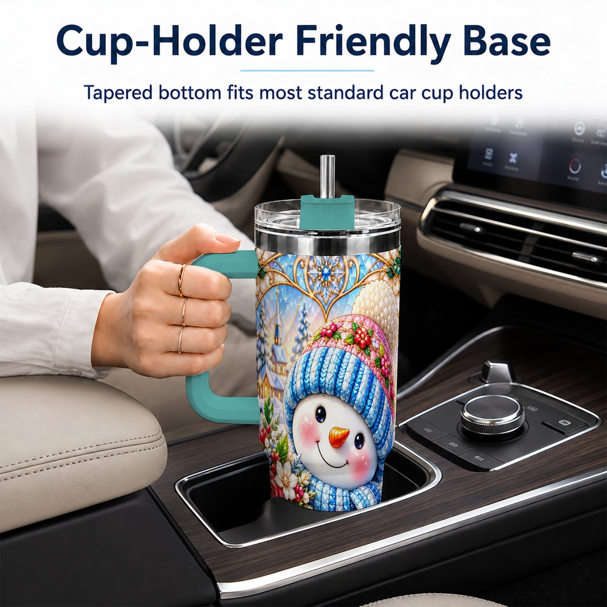 #pl[40oz|Green] Floral Snowman 40oz Tumbler with Handle, Winter Stainless Steel Cup