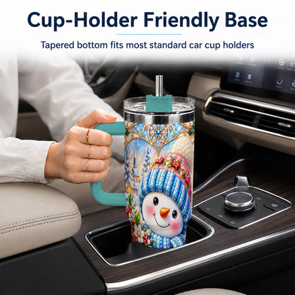 #pl[40oz|Green] Floral Snowman 40oz Tumbler with Handle, Winter Stainless Steel Cup