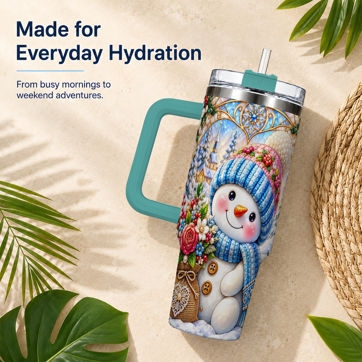 #pl[40oz|Green] Floral Snowman 40oz Tumbler with Handle, Winter Stainless Steel Cup