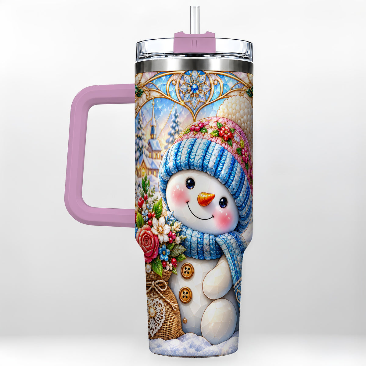 #pl[40oz|Pink] Floral Snowman 40oz Tumbler with Handle, Winter Stainless Steel Cup