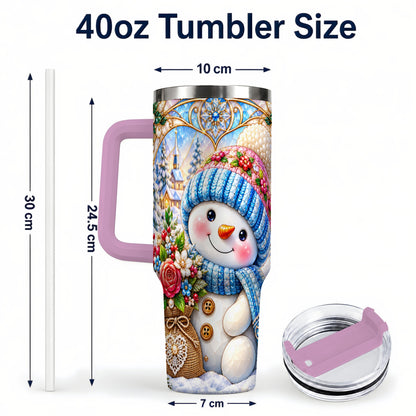 #pl[40oz|Pink] Floral Snowman 40oz Tumbler with Handle, Winter Stainless Steel Cup