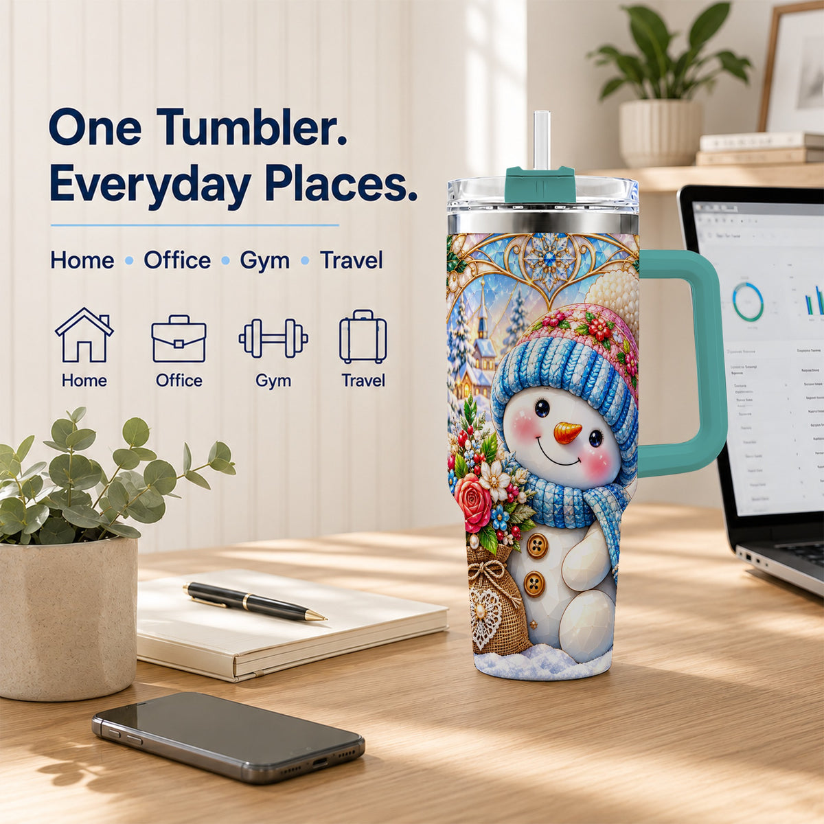#pl[40oz|Green] Floral Snowman 40oz Tumbler with Handle, Winter Stainless Steel Cup
