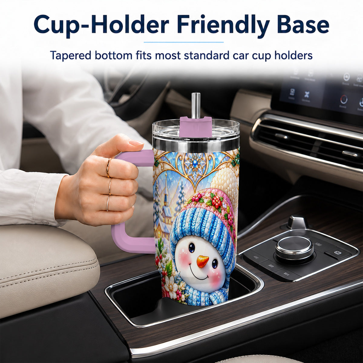 #pl[40oz|Pink] Floral Snowman 40oz Tumbler with Handle, Winter Stainless Steel Cup