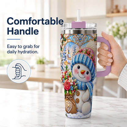 #pl[40oz|Pink] Floral Snowman 40oz Tumbler with Handle, Winter Stainless Steel Cup